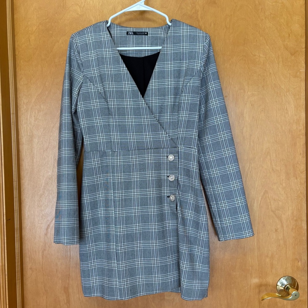 Zara Plaid Mini Dress Women S Grey Glen‎ Check Rhinestone Button Wrap V-Neck